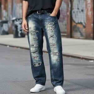 Southpole Distressed Jeans Mens 36x32 Blue Excellent Graphic Backed Ripped Y2K